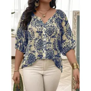 【 Plus Size 】 Ethnic Pattern Shirt, Bohemian Summer Round Neck Top, Women's Daily ClothingRAIMENTRY