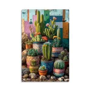 Colorful Cactus Potted Plants in Southwestern Desert Style Tin Sign， Vintage Southwestern Desert Cactus Metal Sign Print Aesthetic Room Decoration for Home Bedroom Kitchen Bar Dorm Bathroom Wall Decor