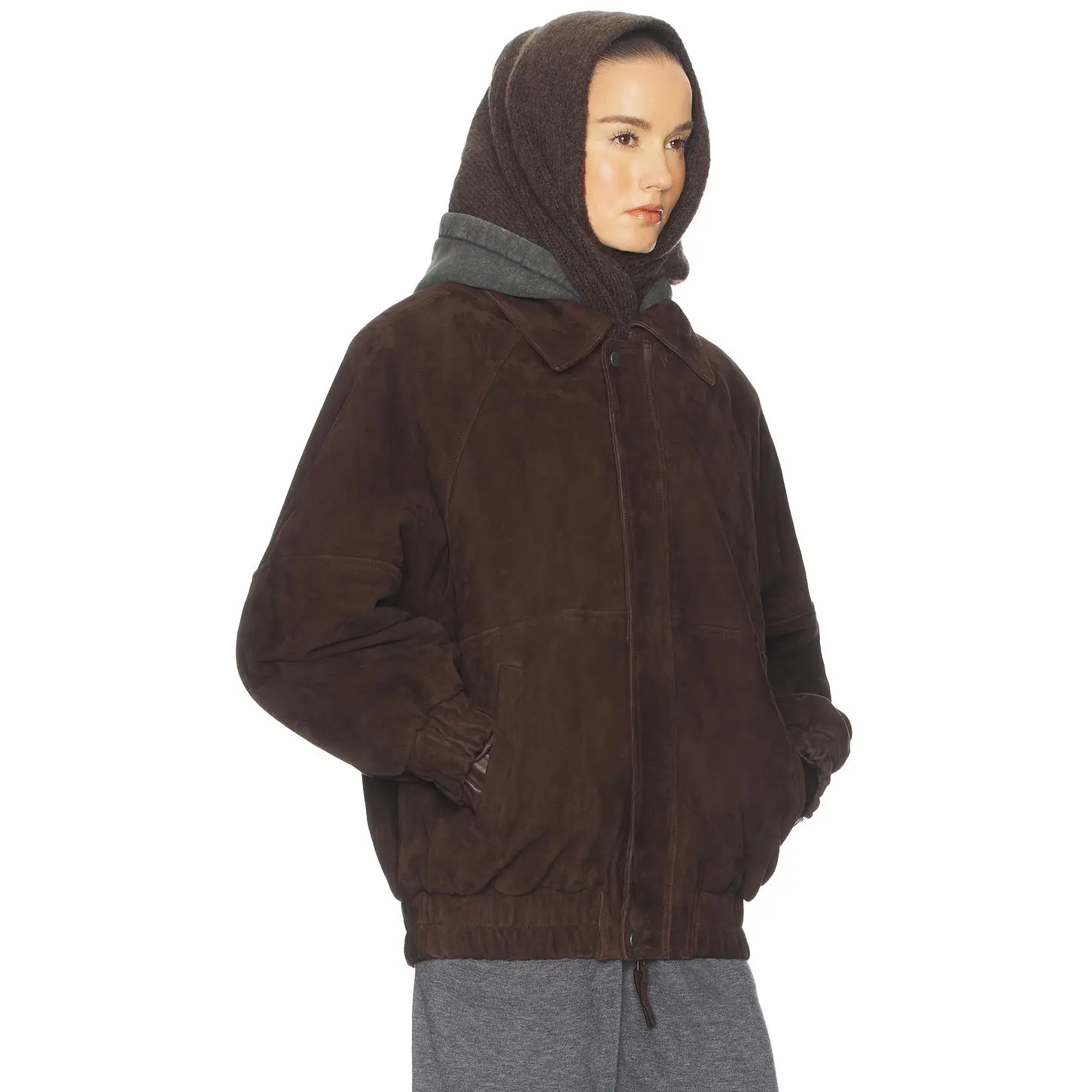Helsa The Oversized Suede Bomber in Dark Brown