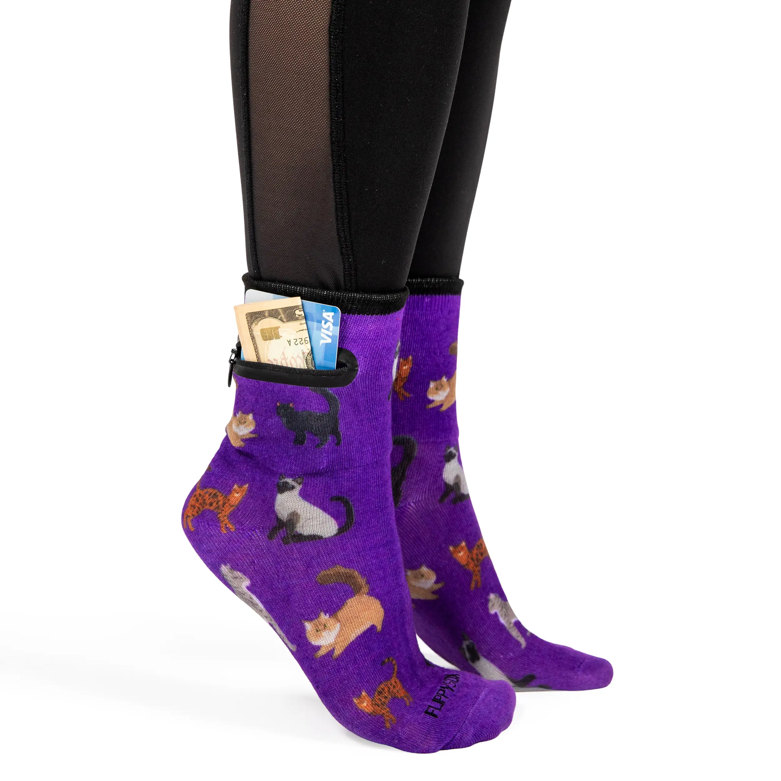 Flippysox Zipper Sock Wallet - Cotton & Polyester Zipper Socks with Pockets - Fits shoe size 6-13 (Purple Cat)
