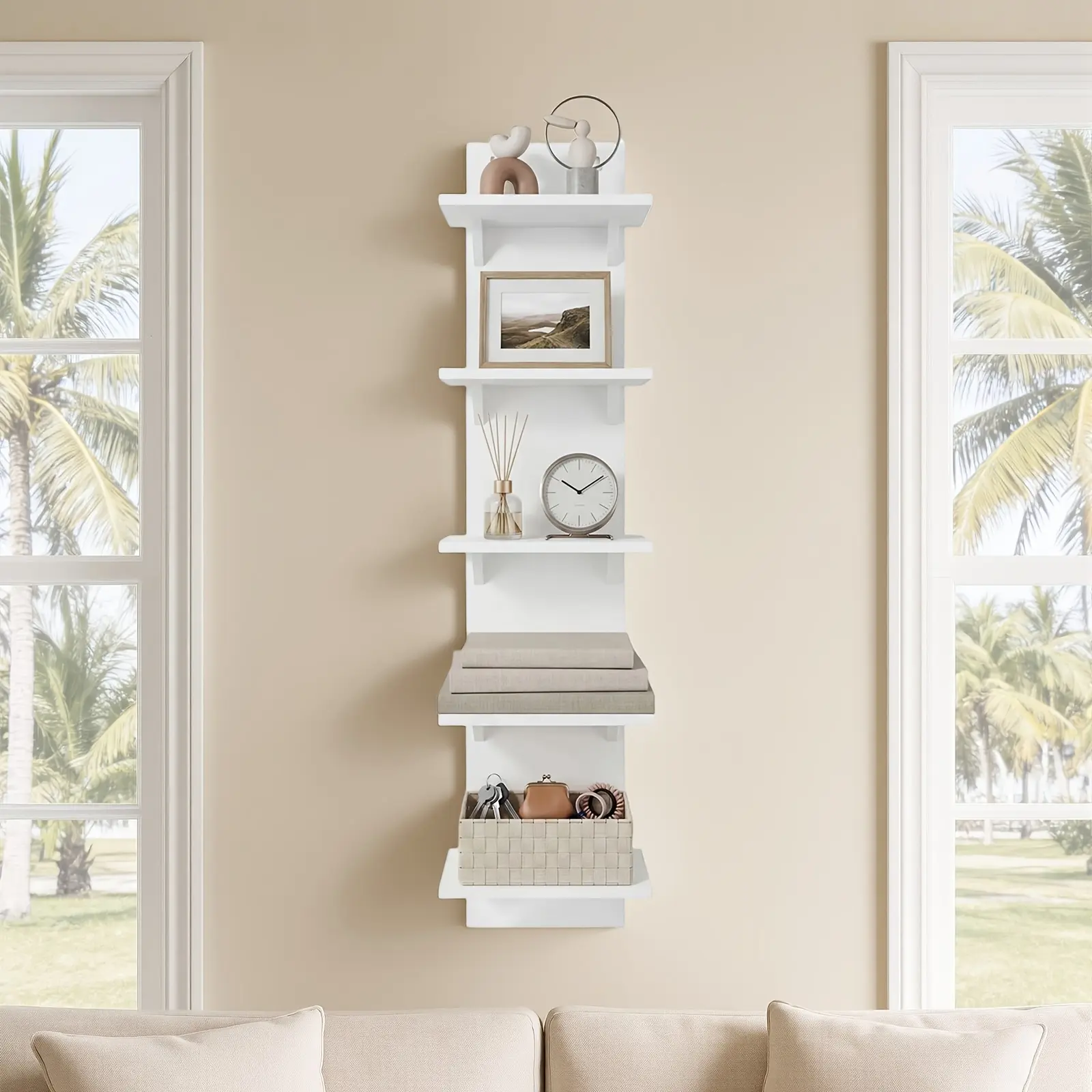 1pc 5-Shelf White PVC Plastic Floating Wall Mounted Shelf, Bathroom Storage Shelf, Easy to Clean Surface And Non-Hole Design, Suitable for Bedroom, Living Room And Entryway- Modern Home Decor, Tiered Storage Shelves, Room Decoration, Floating Shelves