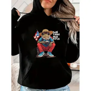 Adventurous Frog Photographer in Straw Hat with Puerto Rican Flag Graphic Print Hoodie