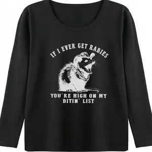 Funny Dark Humor Graphic Tee Women If I Ever Get Rabies You're High On My Bitin' List Cowboy Opossum Edgy Retro Distressed Print Relaxed Fit Comfy Top Gag Gift