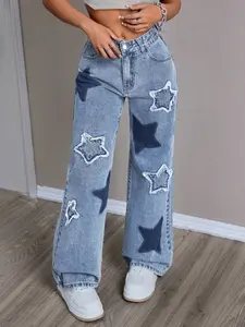 Starry Denim Y2K Vintage Jeans With Distressed Cut Design - Women's & Girl Baggy Star Jean Pants, Casual Comfortable Womenswear