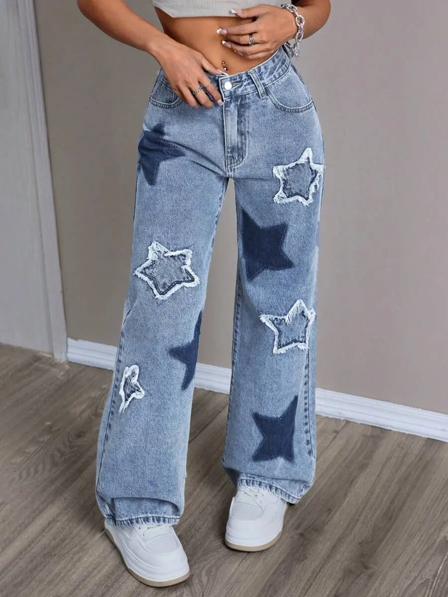 Starry Denim Y2K Vintage Jeans With Distressed Cut Design - Women's & Girl Baggy Star Jean Pants, Casual Comfortable Womenswear
