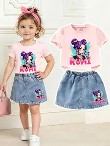 Girls' Cute Rumi Anime Character Two-Piece Set, Includes Tee and Jeans Skirt, Block Design, Perfect for Outdoor Activities