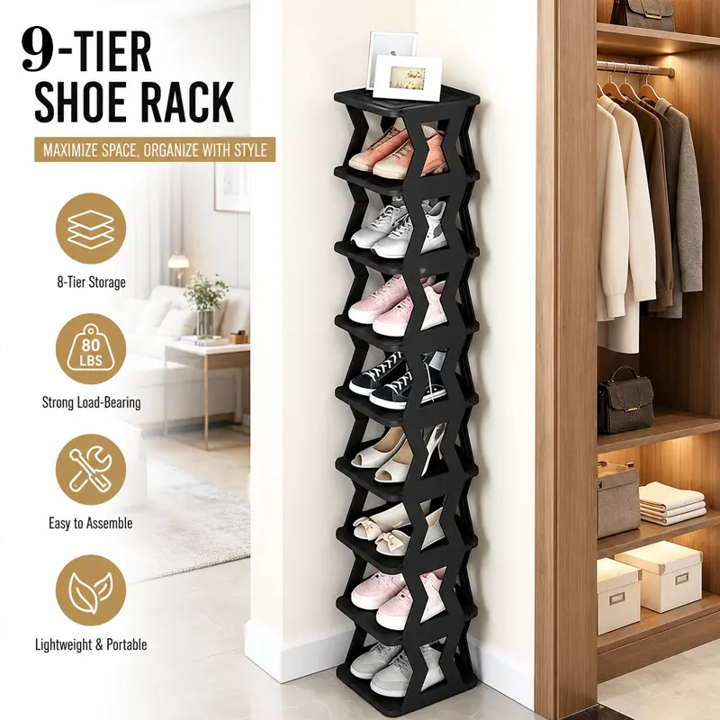 6/9 Tier Vertical Shoe Rack Space Saving Shoe Organizer Freestanding Stackable Shoe Storage Shelf Durable Plastic Narrow Shoe Stand for Closet Entryway Bedroom Apartment Dorm Hallway Home