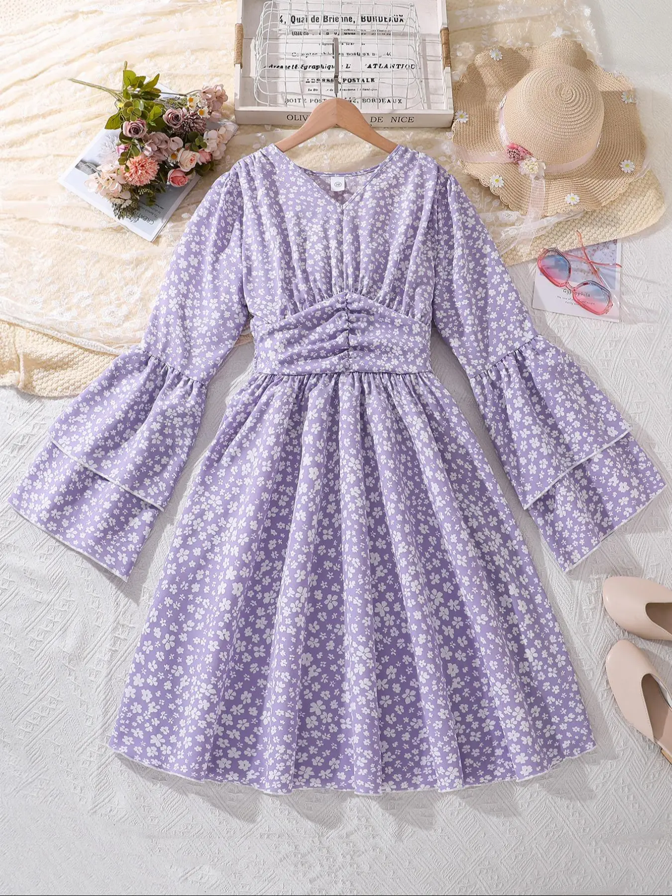 Teen Girl's Ditsy Floral Print Ruched Ruffle Shirred Dress, Elegant V Neck Long Sleeve A Line Dress for Party Holiday Wedding Guest, Kids Clothes for All Seasons