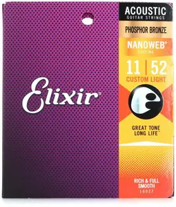 Elixir Nanoweb Phosphor Bronze Coated Acoustic Guitar Strings | Custom Light | 11-52