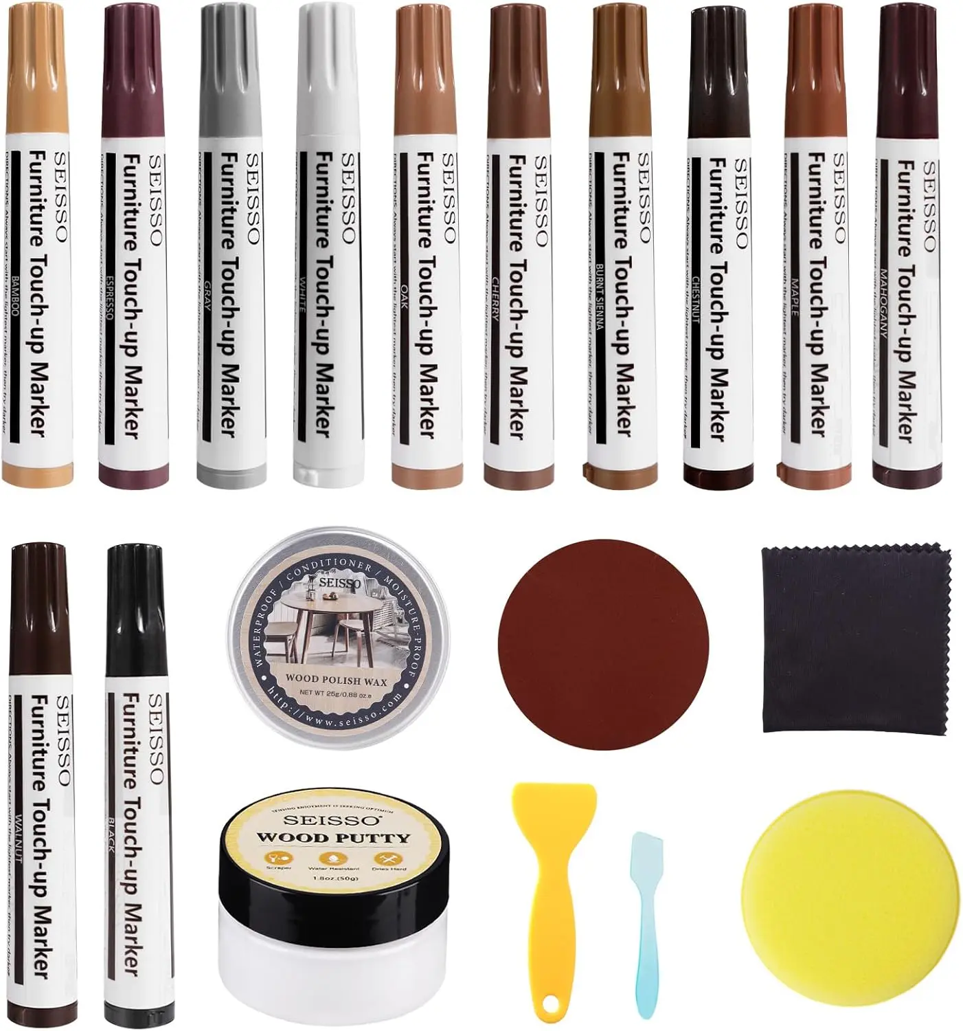 SEISSO Wood Repair Kit - 12-Count Markers+Putty for Filling Holes, Scratches, Cracks, Easy to Operate, Fits Burnt Senna, Cherry, Mahogany, Walnut, Gray Hardwood Floors, Doors, Tables, with After-Sales Service (Home Care Supplies)