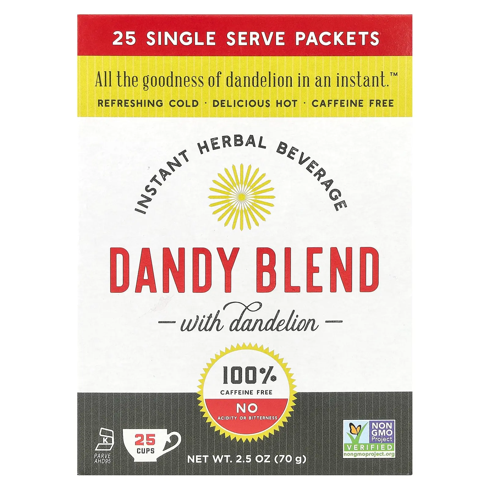 Dandy Blend Instant Herbal Beverage with Dandelion, Caffeine Free, 25 Single Serve Packets, 2.8 g Each