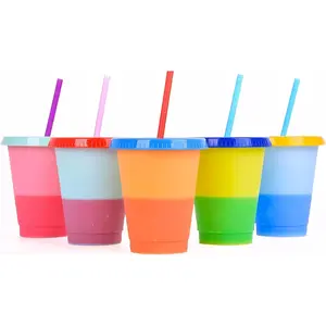 16 oz Color Changing Cups,5 Colors of Plastic Cups Reusable Tumbler with Lids and Straws,Adult Children Cold Drink Cup, Smoothie, Iced Coffee, Party, Set 0f 5