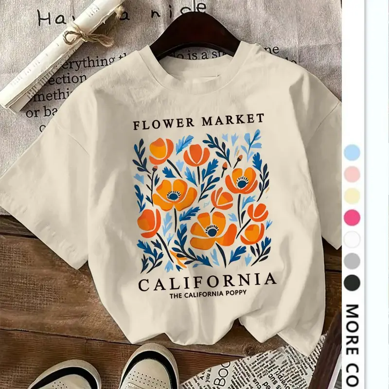 Women's Floral Print Round Neck Tee, Vintage Trendy Casual Short Sleeve T-shirt for Daily Wear, Ladies Summer, Casual Loose Tee, Top