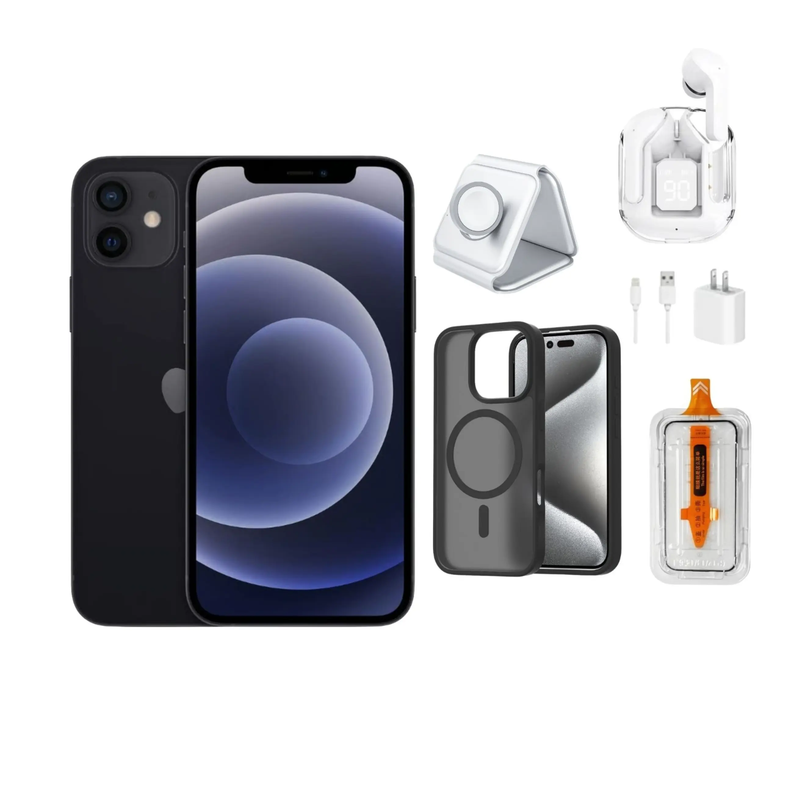Certified Restored iPhone 12 64GB Black Fully Unlocked Smartphone - All Carriers Wireless Mobile Phone Bundle: Bluetooth Headphones, Phone Case, Screen Protector, 3-in-1 Charger, Wall Charger (Eco-Friendly Condition)