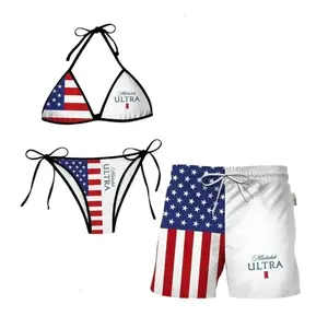 Michelob Ultra And Patriotic Stars Matching Couple Swimwear, USA Beer Inspired Bikini & Mesh Shorts Set, 4th of July Beachwear Day Couple Outfits