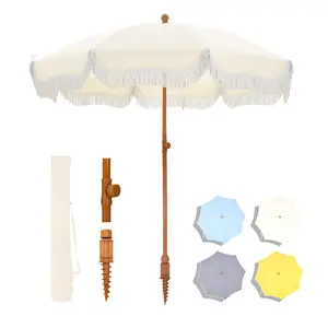 7ft Beach Umbrella with Fringe & Sand Anchor, Outdoor Patio Heavy Duty Windproof Portable Tassel Umbrellas for Sand with Push Button Tilt & Carrying Bag, without Base[live]