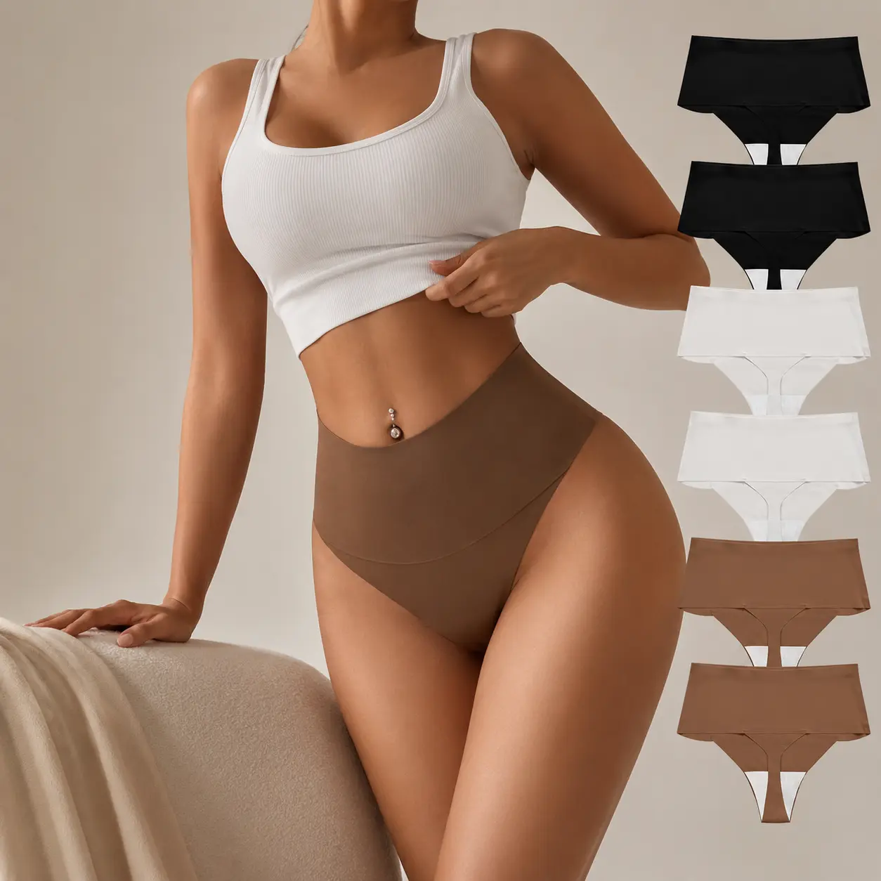 ORLAROY Women's Tagless Seamless High-Waist Solid Panty Thong Multipack - Lightweight Breathable Cotton Elastane, Elegant Style, Flattering High-Cut Stretchy Fit, Invisible Everyday Underwear for Women Pairing with Jeans