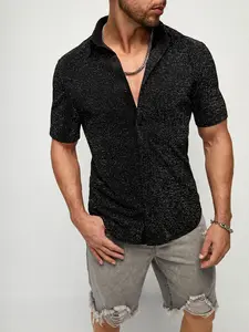 Button Front Short Sleeve Collar Glitter Shirt Metallic Party Club Tops