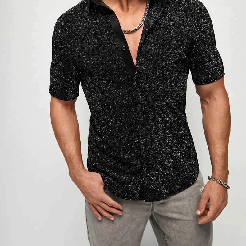 Men's Metallic Glitter Shirt, Short Sleeve Button-Down Streetwear Party Top for Concerts, Club, Night Out, Button Front Design, Button Collared Shirt, Chic Shirt