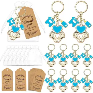 12 Sets Baby Shower Favors for Boy Blue Footprint Keychains Gifts with Bottle Baby Clothes White Organza Bags and Thank You Tags for It's a Boy Decorations Party Supplies