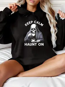 Women'S Black Gothic Hooded Sweatshirt with "KEEP CALM HAUNT ON" Skull & Bats Graphic - Cozy Casual Pullover for Halloween, Fall Winter Warmth, Spooky Party Outfit Casual Attire, Ideal Festival Gift for Women Unisex Womenswear