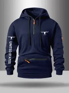 Men's Casual Streetwear Animal Letter Print Long Sleeve Hoodie with Half-Zipper Design, Trendy Pocket Zipper Style, Available in Multiple Colors, Sweatshirts