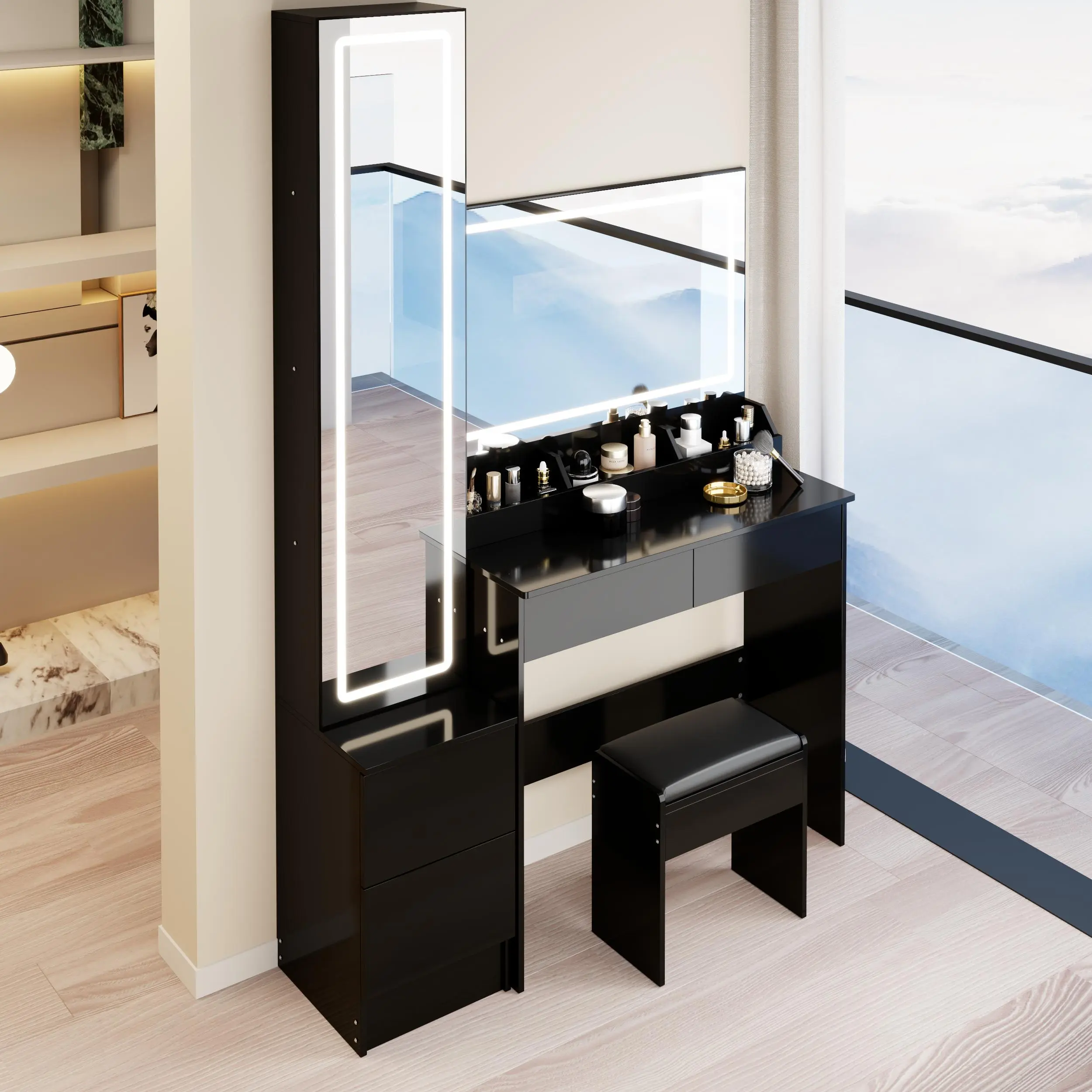 LED Vanity Table Set with Extra Large Mirror Dressing Mirror Cabinet and Stool Double LED Mirror Touch Control 3 Color Modes Brightness Adjustable Multi Layer Storage Large Capacity Makeup Desk for Bedroom Dressing Room Home