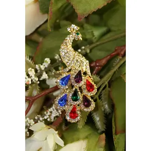 Vintage Hand Made Diamond Ruby Emerald Sapphire Amethyst Rhinestone Peacock Pin Brooch, Crystal Peacock Brooch Jewelry Gift