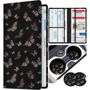 Car Registration and Insurance Holder - Butterfly Vehicle Glove Box Organizer Women with Magnetic Shut Leather Automobile License Holders Coasters Auto Accessories Case for Document