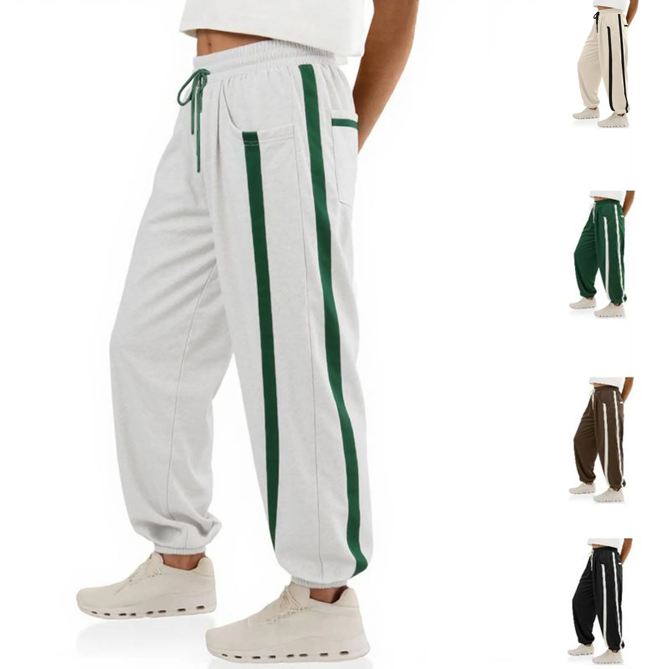Mundoven Women's Baggy Wide Leg Pants Casual Drawstring Elastic Waisted Contrast Color Workout Y2K Track Pants
