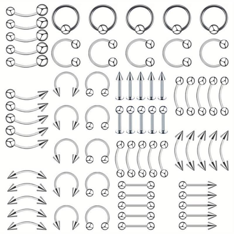 85PCS Classic Eyebrow Nail, Nose Ring, Nose Nail, Tongue Nail, Navel Nail, Septum Clicker，Eyebrow Puncture Nail Set Stainless Steel Mixed Nose Ring Nose Stud Jewelry Piercing Set Body Piercing Jewelry