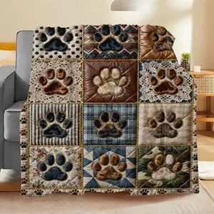 1PC Vintage Multi-Style Dog Paw 2D Digital Print Flannel Throw Blanket, Ultra Soft Warm Cozy, All-Season Use for Bedroom, Sofa, Living Room & Home Decor, Ideal Gift