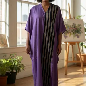 Elegant Purple Kaftan Dress Bubu Gown Style with Vertical Aso Oke Panel West African & Arabian Fashion Long Loose Fit Free size