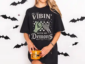 Funny Halloween Vibin With My Demons Tshirt, Spooky Season Halloween Vibes Tee, Retro Halloween Vibes Shirt Tops Womenswear Streetwear