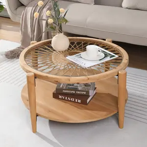 PieDle Farmhouse Round Coffee Table, 2-Tier Boho Center Table with Handmade Rattan & Tempered Glass Top and Wood Legs, Rustic Circle Coffee Table for Living Room, Natural