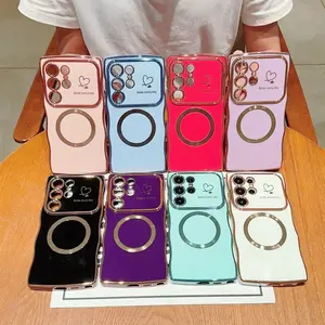 For  S24 S25 Ultra Phone Case Compatible with Cute Curly Wave Frame Luxury Plated Love Hearts Raised Lens Protection Shockproof Soft Magnetic Cover for S24S23 S22 Ultra Plus-HLKCX001
