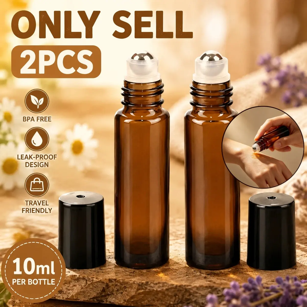 2pcs essential oil roller bottles, reusable amber glass roller bottles with stainless steel balls and caps, Refillable refill bottles, suitable for travel, perfume, lip gloss, eye cream, and essential oils