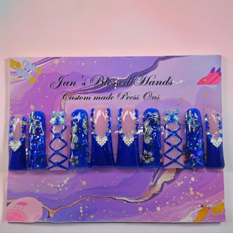 Jan's Custom Made Press On Nails - XL Pink and Blue Valentines Day Duckie Press On set