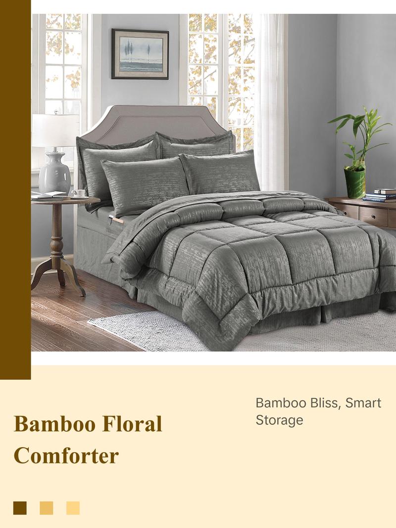 Elegant Comfort 8-Piece Bamboo Floral Comforter Set - Botanical Pattern with 4-Piece Sheet Set and Double-Sided Storage Pockets