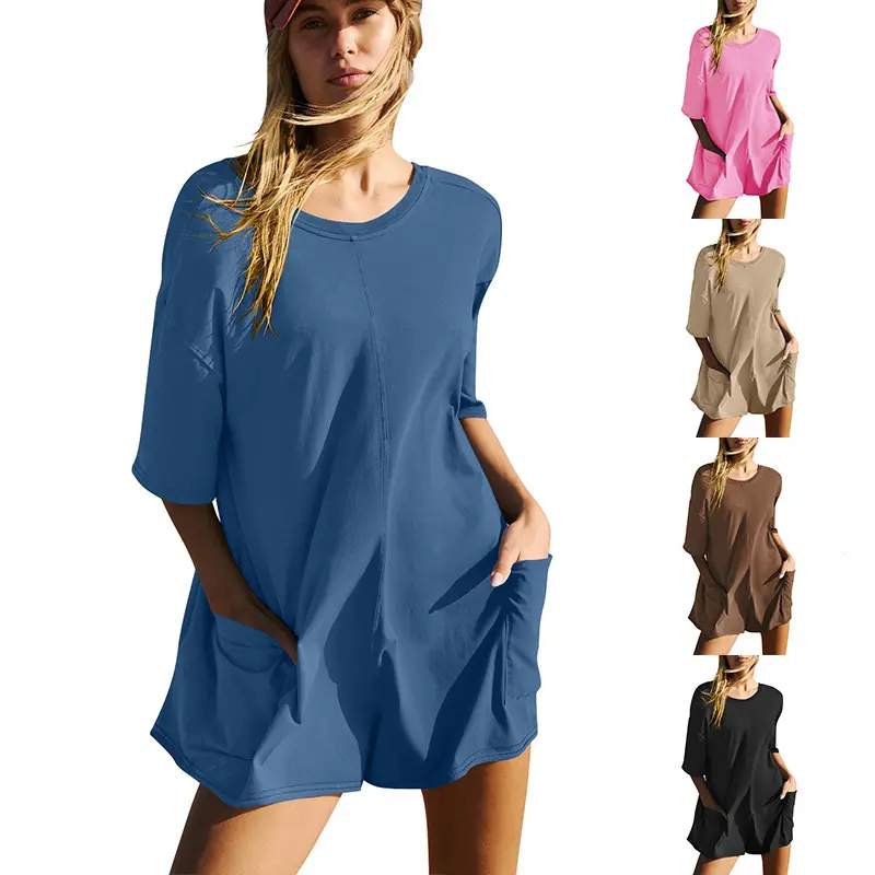 Women's Oversized Athletic Jumpsuit Casual Romper Overall Workout Tee Hot Short Romper 2-in-1 Reversible Athletic Romper with Pockets