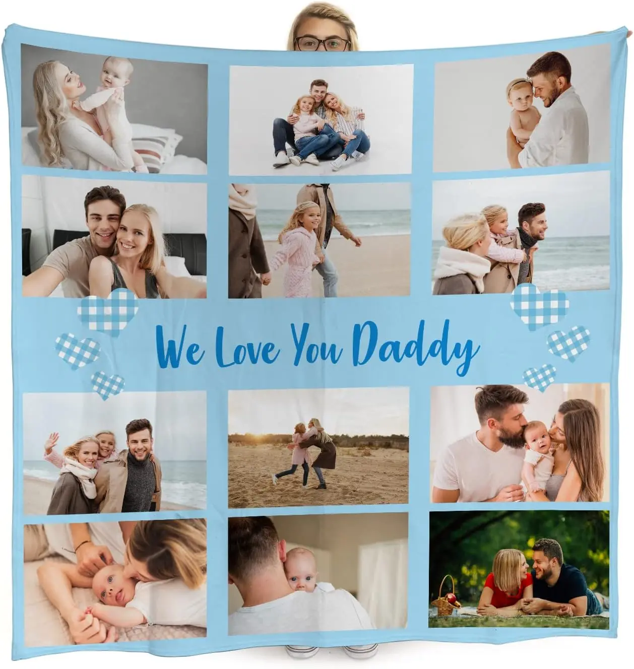 Extra Large | Personalised Blue Gingham Heart Photo Blanket | Custom Fleece Throw | Picture Collage | Dementia Gift | Made in England