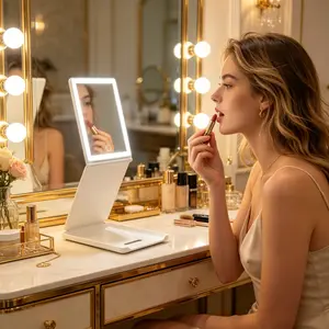 1PC High‑Definition Makeup Mirror with LED Ring Light, Triple‑Fold Heightened Desktop Cosmetic Mirror for Women, Portable Fill‑Light Mirror