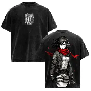 Men's Vintage Washed T-Shirt, Oversized Attack on Titan Mikasa Ackerman Graphic Print, Retro Manga Aesthetic Streetwear Top