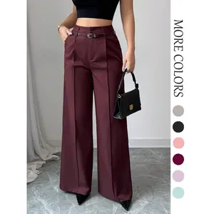 Women's Solid Wide Leg Pants with Belt, Casual Comfy Pocket Trousers for Daily Wear, Ladies Bottoms for All Seasons