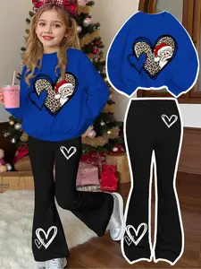 Girls' Christmas Leopard Heart Santa Print Sweatshirt & Casual Bell Bottoms Set, Fitted Style, Fall&winter Fashion, Fashion Clothes Set