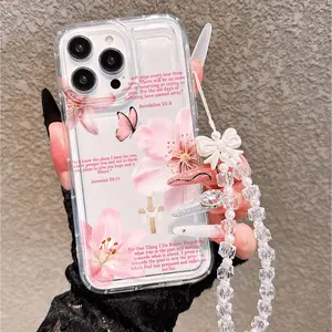 Cross Flower Text Pattern Phone Case with Bow Strap, Durable Protective Fashion Accessory, Valentine's Day Gift for Boyfriend/girlfriend, Compatible with iPhone