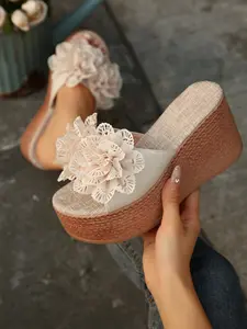 Beach Vacation Lace Flower Wedge Sandals, Thick Sole Height-Boosting Outdoor Flip Flops, Summer Beach One-Piece Slippers
