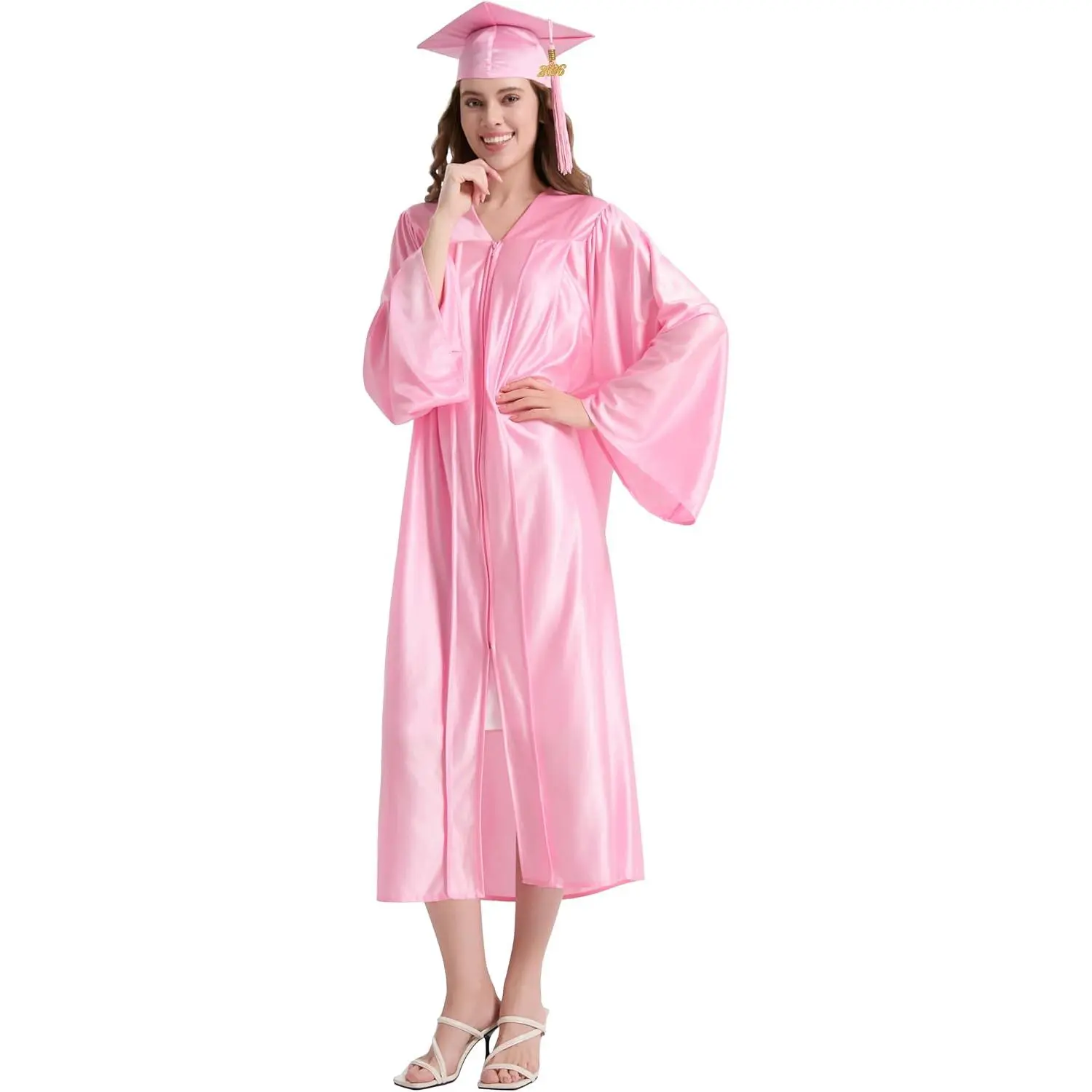 Unisex Shiny Graduation Cap and Gown Set with 2026/2027 Tassel Year Charm for High School & BachelorGift.