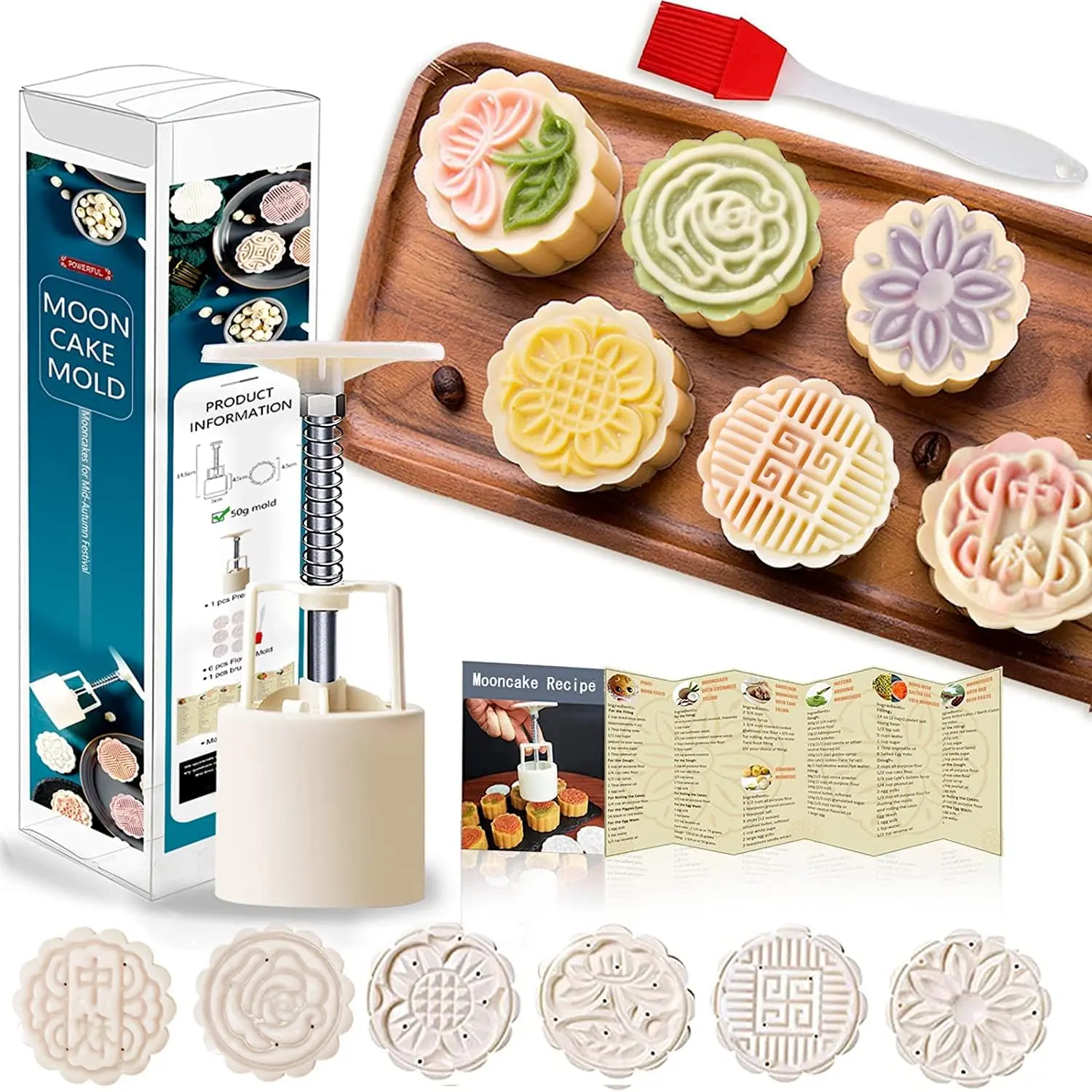 Powerful Mooncake Mold press 50g BathBomb Molds, Mid Autumn Festival Mooncake Molder and Cake Mould 50g/75g/100g(50g -6Pcs(White Circle) A), Press Mold