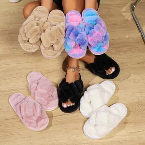 Popular Cross Furry Slippers Female Fluffy Slides Autumn Winter Outdoor Fashion EVA Light Flip Flops Sweat Soft Flat Shoes